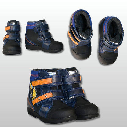Szamos Kids Boys’ Genuine Leather Orthopedic Boots – Arch Support Shoes for Flat Feet & Overpronation, with Ankle Support, Adjustable Straps, Navy Blue/Orange with Yellow Dump Truck