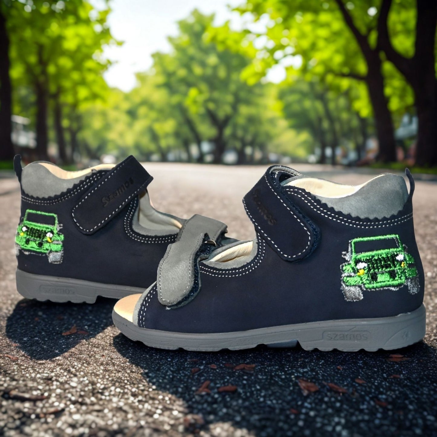 Szamos Kids Boys' Leather Orthopedic Corrective Sandals – Arch Support Shoes for Flat Feet & Overpronation with Adjustable Hook-and-Loop Straps, Navy blue with green off-road car design.