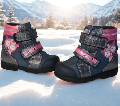 Szamos Kids Girls’ Genuine Leather Orthopedic Boots – Arch Support Shoes for Flat Feet & Overpronation, with Ankle Support, Faux Fur Lining, Adjustable Straps, Navy Blue/Pink/Gray Glitter Owl Design