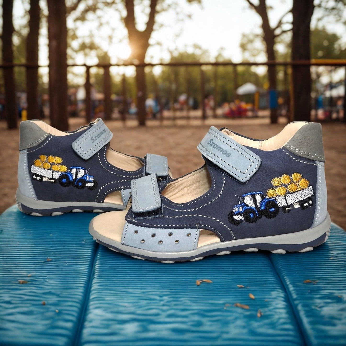Szamos Kids Boys’ Genuine Leather Sandals – Ergonomic Supportive Sole, Stable Heel, Adjustable Hook & Loop Straps, Embroidered – Navy Blue/Silver with Farmer Tractor Design