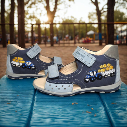 Szamos Kids Boys’ Genuine Leather Sandals – Ergonomic Supportive Sole, Stable Heel, Adjustable Hook & Loop Straps, Embroidered – Navy Blue/Silver with Farmer Tractor Design
