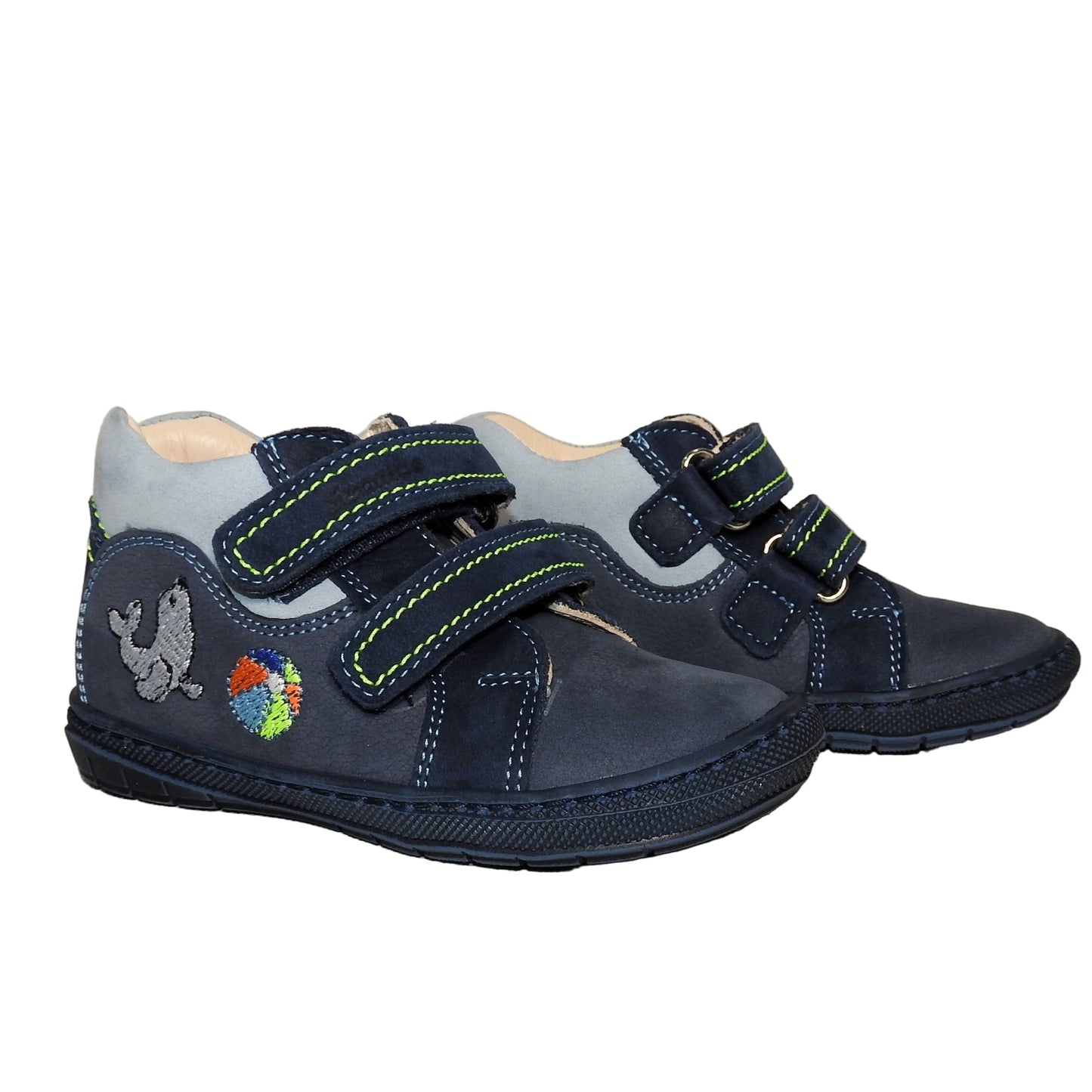 Szamos Kids Boys’ Genuine Leather Shoes – Ergonomic Supportive Sole, Stable Heel, Flexible Forefoot, Adjustable Hook & Loop Straps, Embroidered – Navy with Seal & Ball Design