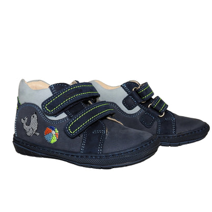 Szamos Kids Boys’ Genuine Leather Shoes – Ergonomic Supportive Sole, Stable Heel, Flexible Forefoot, Adjustable Hook & Loop Straps, Embroidered – Navy with Seal & Ball Design