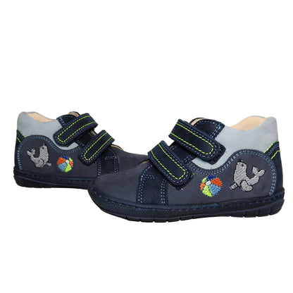 Szamos Kids Boys’ Genuine Leather Shoes – Ergonomic Supportive Sole, Stable Heel, Flexible Forefoot, Adjustable Hook & Loop Straps, Embroidered – Navy with Seal & Ball Design