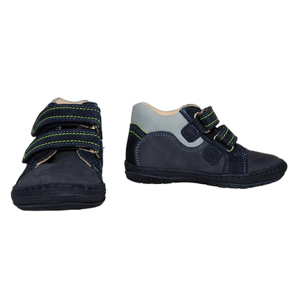 Szamos Kids Boys’ Genuine Leather Shoes – Ergonomic Supportive Sole, Stable Heel, Flexible Forefoot, Adjustable Hook & Loop Straps, Embroidered – Navy with Seal & Ball Design