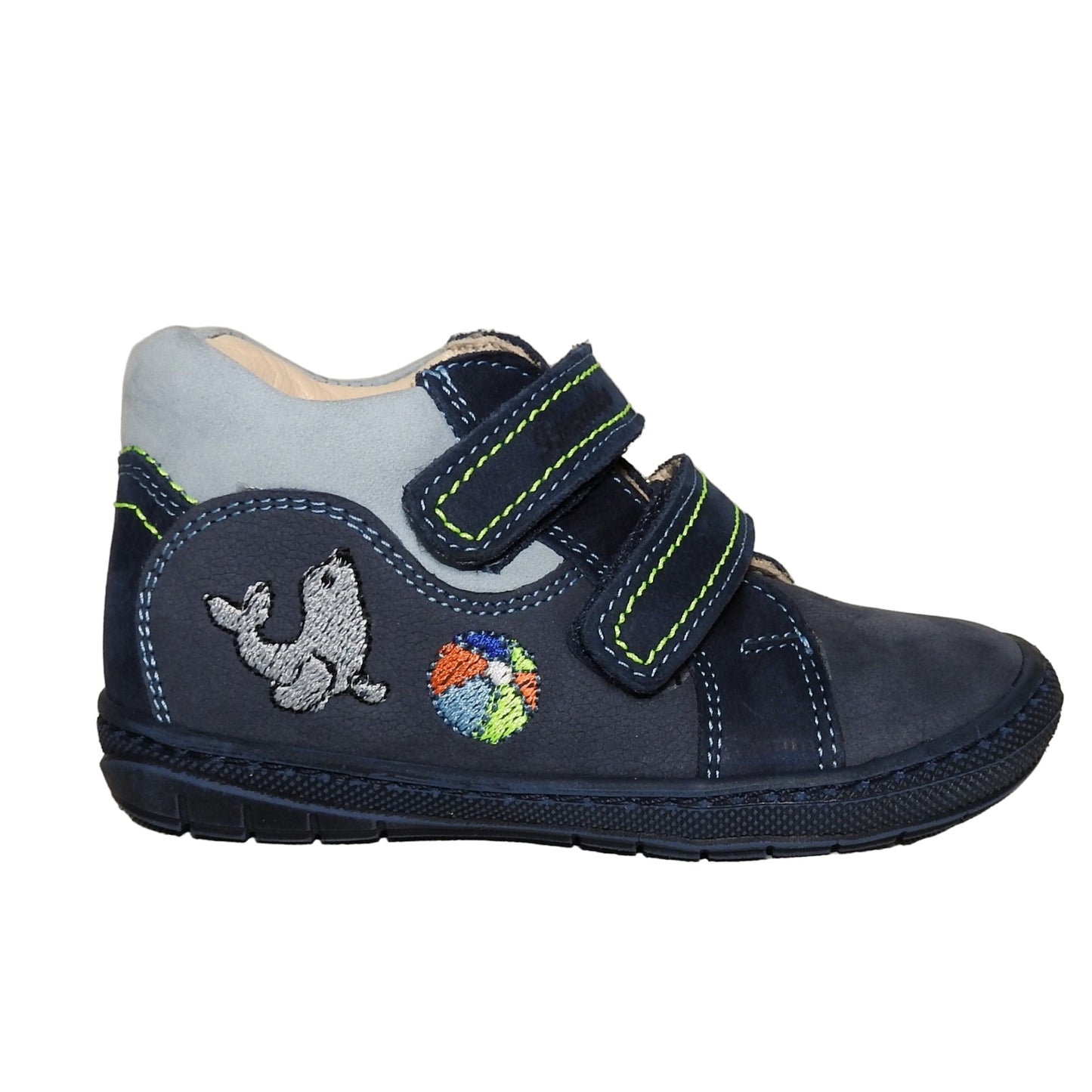 Szamos Kids Boys’ Genuine Leather Shoes – Ergonomic Supportive Sole, Stable Heel, Flexible Forefoot, Adjustable Hook & Loop Straps, Embroidered – Navy with Seal & Ball Design