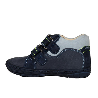 Szamos Kids Boys’ Genuine Leather Shoes – Ergonomic Supportive Sole, Stable Heel, Flexible Forefoot, Adjustable Hook & Loop Straps, Embroidered – Navy with Seal & Ball Design