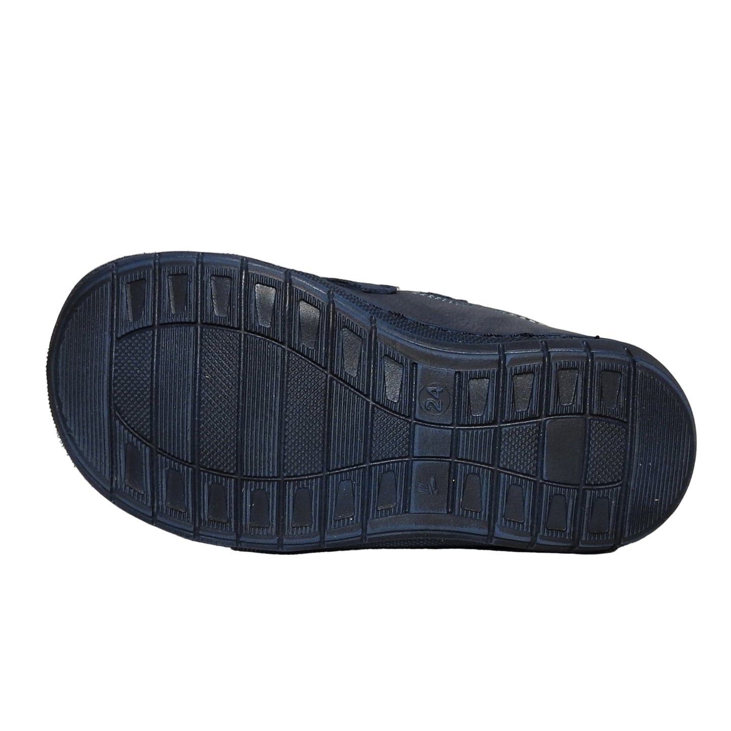 Szamos Kids Boys’ Genuine Leather Shoes – Ergonomic Supportive Sole, Stable Heel, Flexible Forefoot, Adjustable Hook & Loop Straps, Embroidered – Navy with Seal & Ball Design