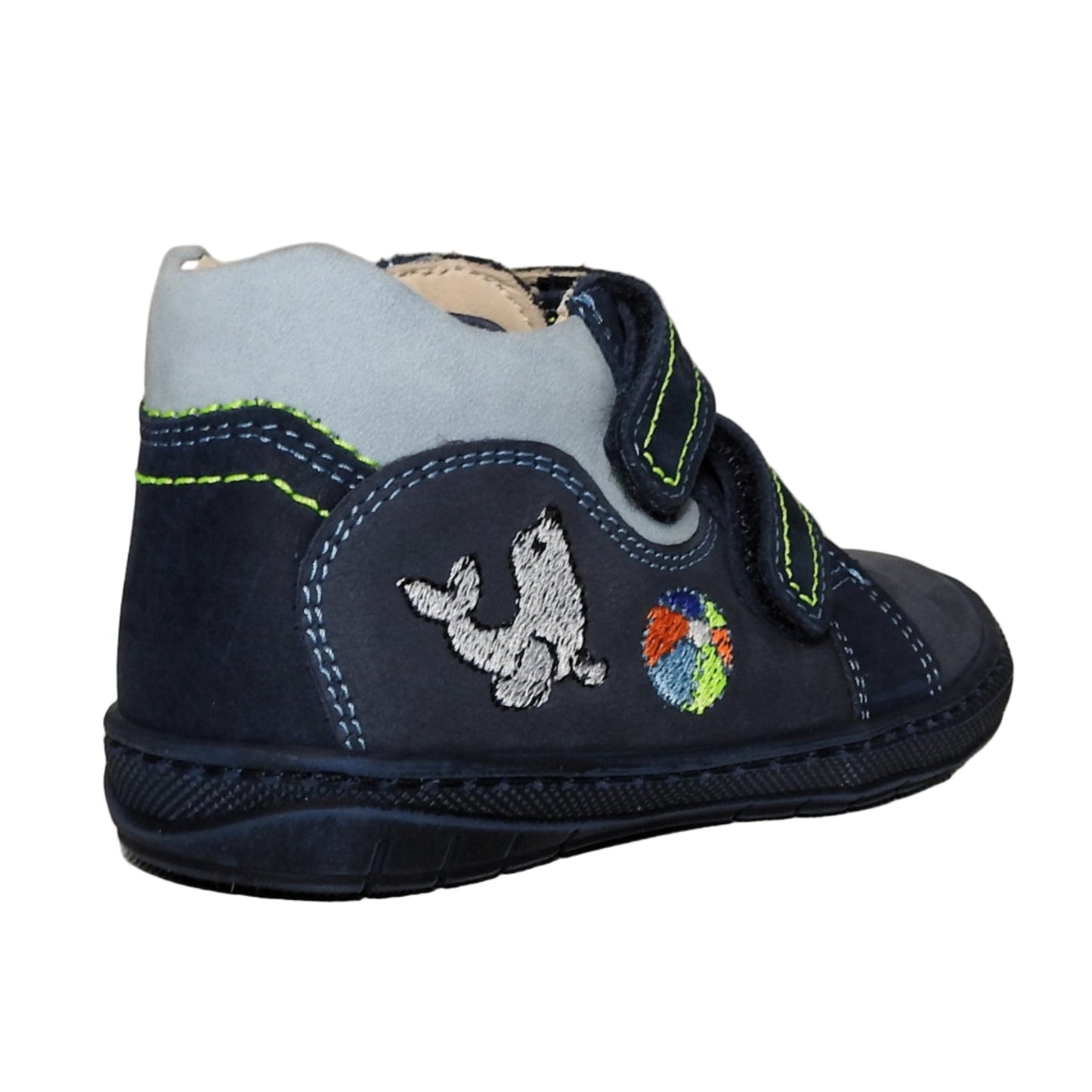 Szamos Kids Boys’ Genuine Leather Shoes – Ergonomic Supportive Sole, Stable Heel, Flexible Forefoot, Adjustable Hook & Loop Straps, Embroidered – Navy with Seal & Ball Design