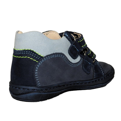 Szamos Kids Boys’ Genuine Leather Shoes – Ergonomic Supportive Sole, Stable Heel, Flexible Forefoot, Adjustable Hook & Loop Straps, Embroidered – Navy with Seal & Ball Design