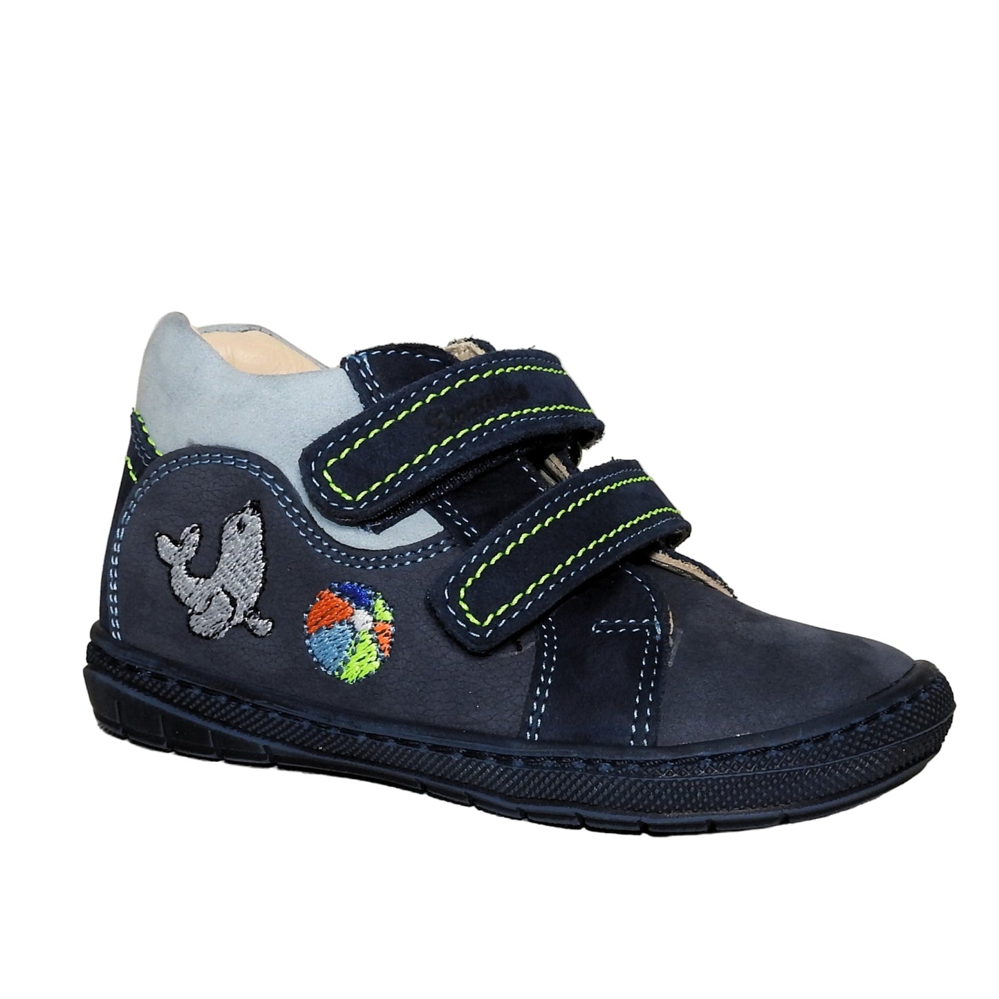Szamos Kids Boys’ Genuine Leather Shoes – Ergonomic Supportive Sole, Stable Heel, Flexible Forefoot, Adjustable Hook & Loop Straps, Embroidered – Navy with Seal & Ball Design