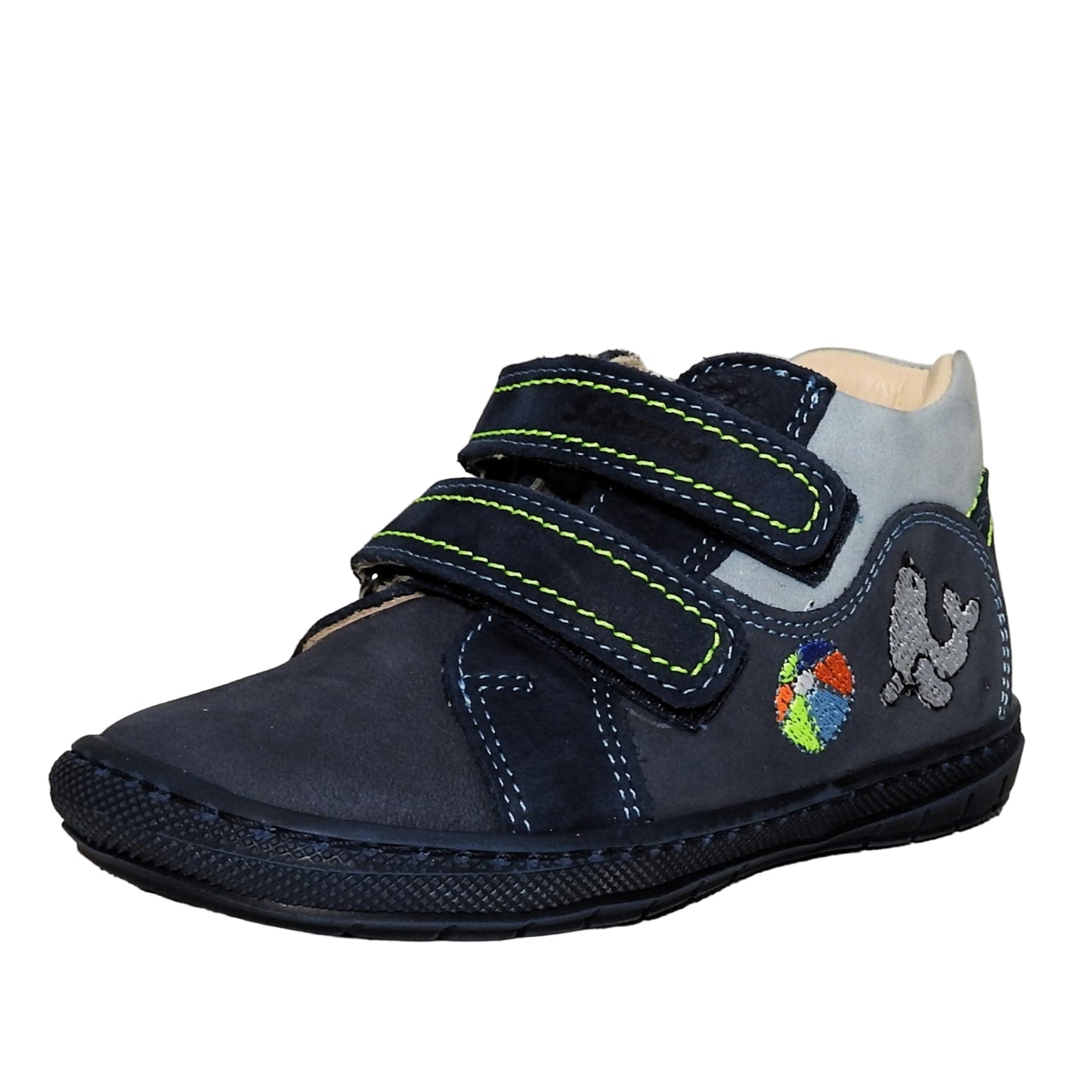 Szamos Kids Boys’ Genuine Leather Shoes – Ergonomic Supportive Sole, Stable Heel, Flexible Forefoot, Adjustable Hook & Loop Straps, Embroidered – Navy with Seal & Ball Design