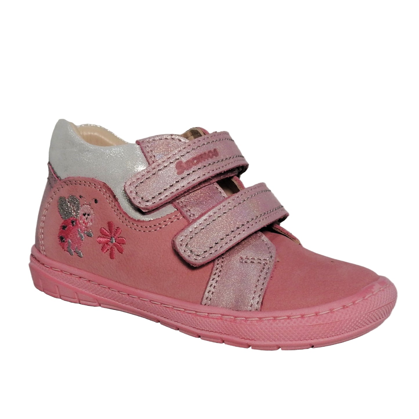 Szamos Girls’ Genuine Leather Shoes – Ergonomic Supportive Sole, Stable Heel, Flexible Forefoot, Adjustable Hook & Loop Straps, Embroidered Design – Pink/Silver with Ladybug & Flower