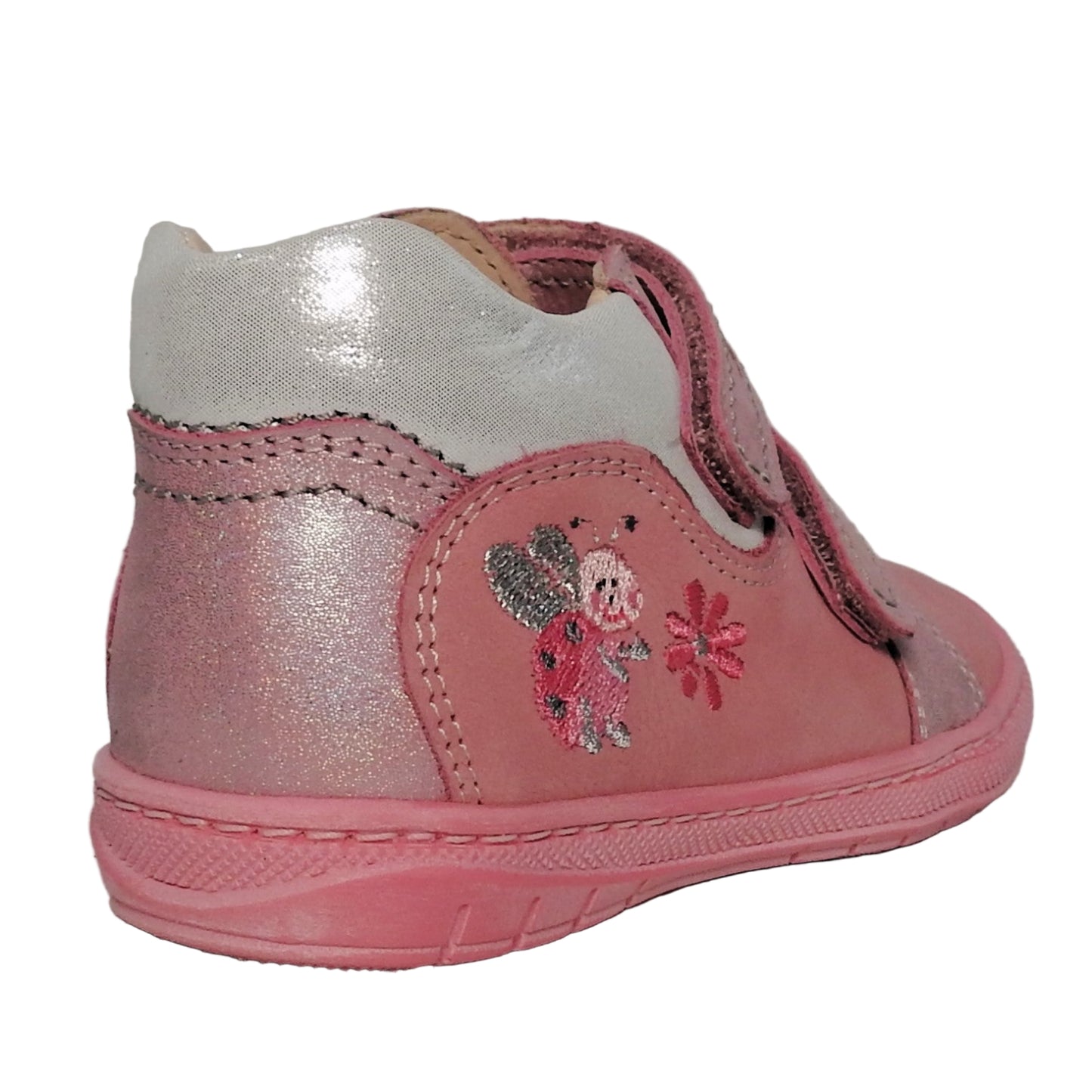 Szamos Girls’ Genuine Leather Shoes – Ergonomic Supportive Sole, Stable Heel, Flexible Forefoot, Adjustable Hook & Loop Straps, Embroidered Design – Pink/Silver with Ladybug & Flower