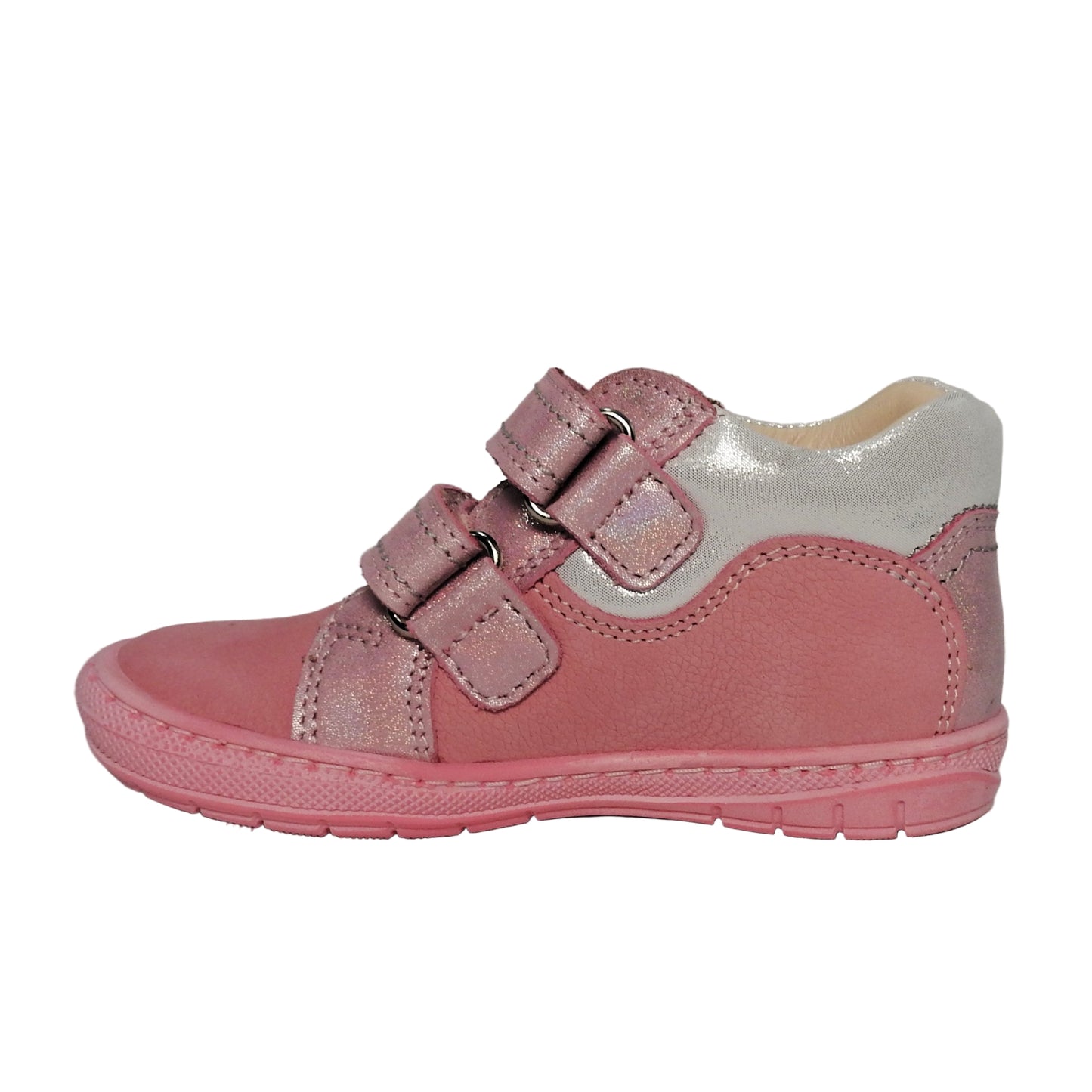 Szamos Girls’ Genuine Leather Shoes – Ergonomic Supportive Sole, Stable Heel, Flexible Forefoot, Adjustable Hook & Loop Straps, Embroidered Design – Pink/Silver with Ladybug & Flower