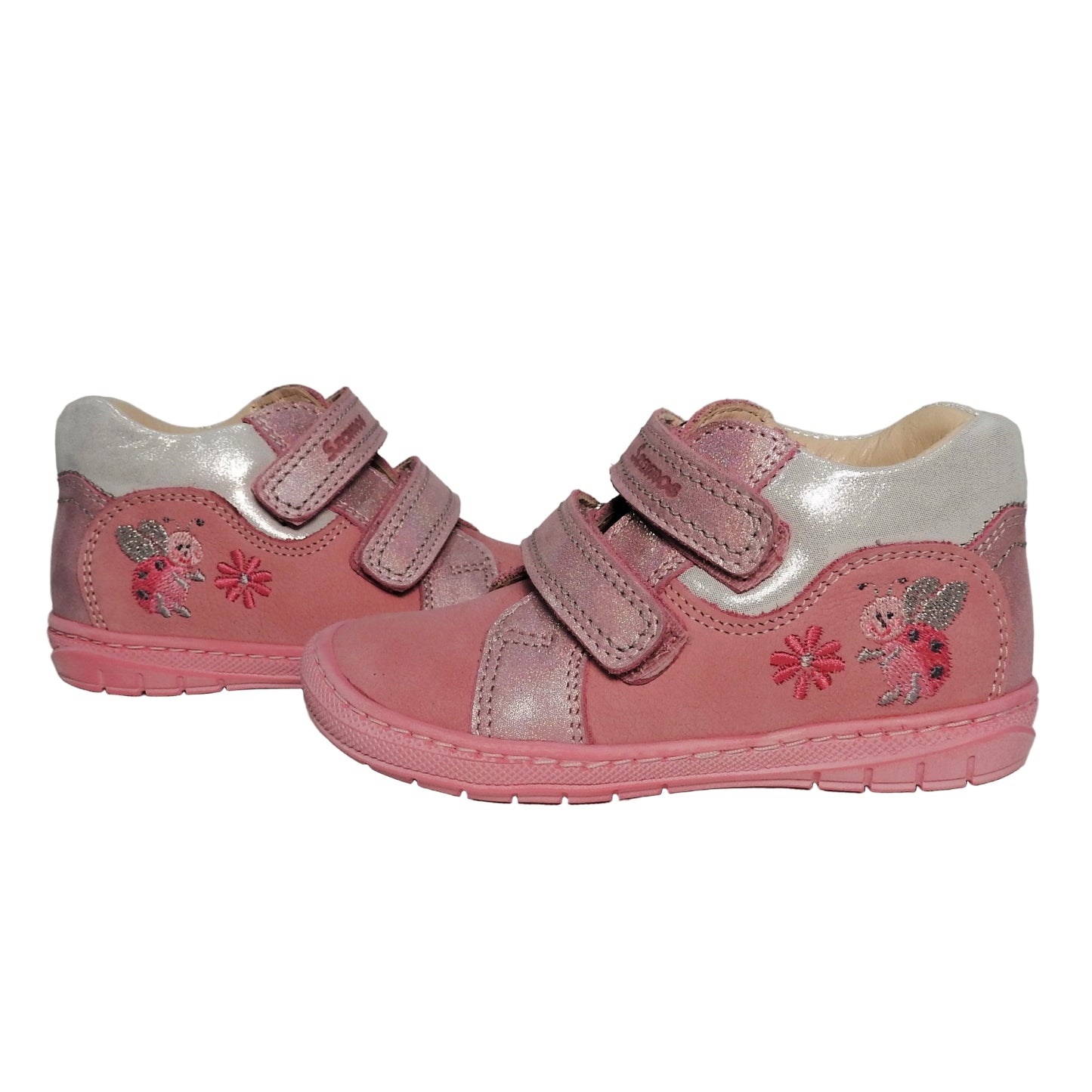 Szamos Girls’ Genuine Leather Shoes – Ergonomic Supportive Sole, Stable Heel, Flexible Forefoot, Adjustable Hook & Loop Straps, Embroidered Design – Pink/Silver with Ladybug & Flower