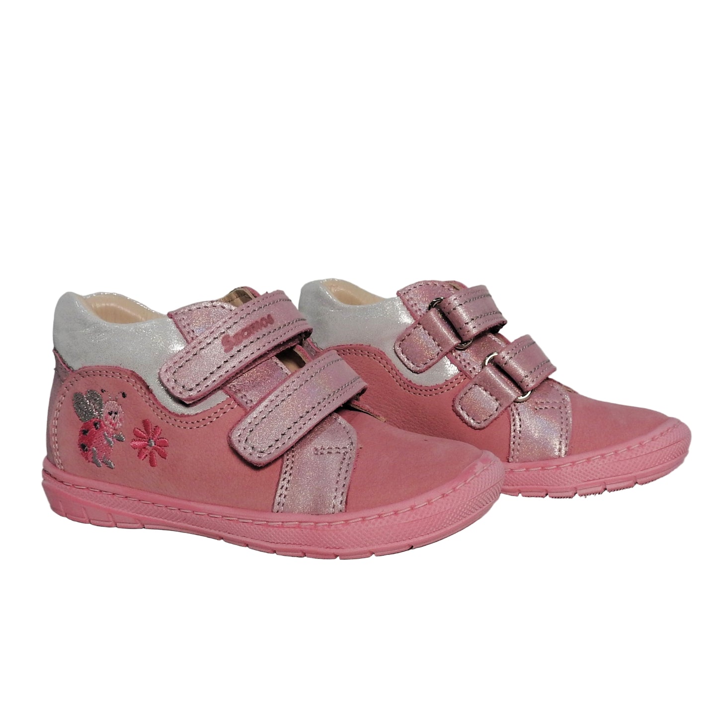 Szamos Girls’ Genuine Leather Shoes – Ergonomic Supportive Sole, Stable Heel, Flexible Forefoot, Adjustable Hook & Loop Straps, Embroidered Design – Pink/Silver with Ladybug & Flower