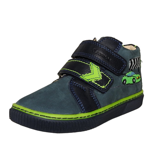 Szamos Kids Boys’ Genuine Leather Shoes – Ergonomic Supportive Sole, Stable Heel, Flexible Forefoot, Adjustable Hook & Loop Straps, Embroidered Design – Navy Blue/Green with Race Car Design