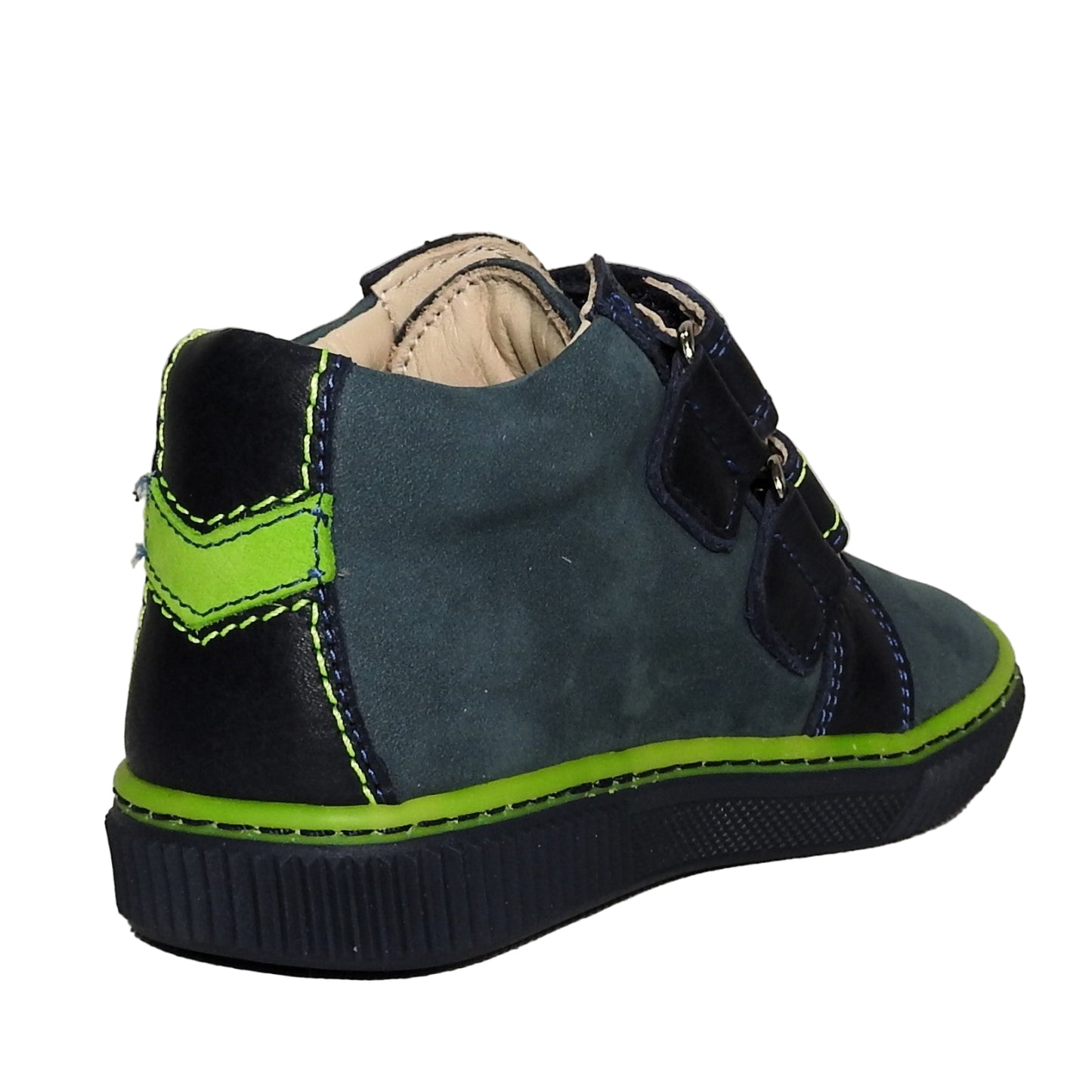 Szamos Kids Boys’ Genuine Leather Shoes – Ergonomic Supportive Sole, Stable Heel, Flexible Forefoot, Adjustable Hook & Loop Straps, Embroidered Design – Navy Blue/Green with Race Car Design