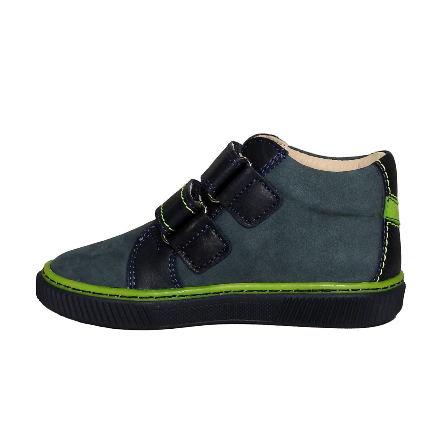 Szamos Kids Boys’ Genuine Leather Shoes – Ergonomic Supportive Sole, Stable Heel, Flexible Forefoot, Adjustable Hook & Loop Straps, Embroidered Design – Navy Blue/Green with Race Car Design