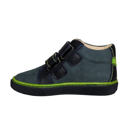 Szamos Kids Boys’ Genuine Leather Shoes – Ergonomic Supportive Sole, Stable Heel, Flexible Forefoot, Adjustable Hook & Loop Straps, Embroidered Design – Navy Blue/Green with Race Car Design