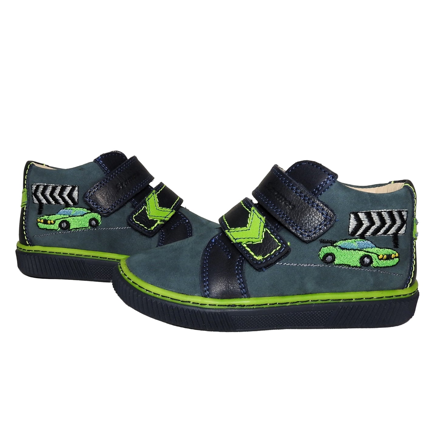 Szamos Kids Boys’ Genuine Leather Shoes – Ergonomic Supportive Sole, Stable Heel, Flexible Forefoot, Adjustable Hook & Loop Straps, Embroidered Design – Navy Blue/Green with Race Car Design