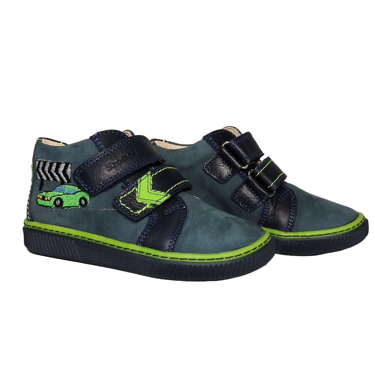 Szamos Kids Boys’ Genuine Leather Shoes – Ergonomic Supportive Sole, Stable Heel, Flexible Forefoot, Adjustable Hook & Loop Straps, Embroidered Design – Navy Blue/Green with Race Car Design