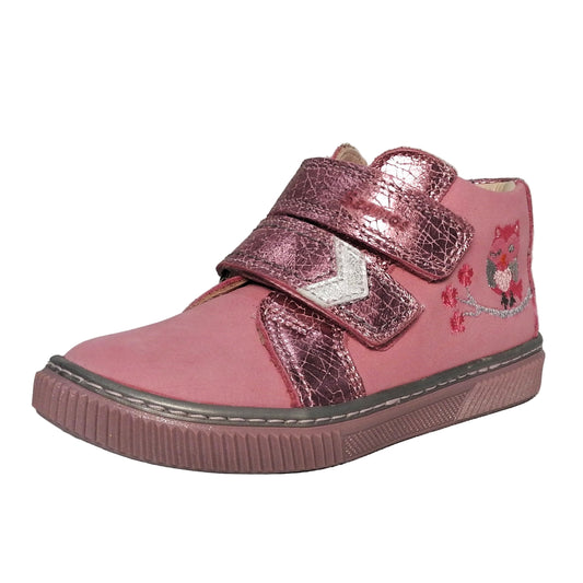 Szamos Kids Girls’ Genuine Leather Shoes – Ergonomic Supportive Sole, Stable Heel, Flexible Forefoot, Adjustable Hook & Loop Straps, Embroidered – Pink/Silver with Owl & Floral Design