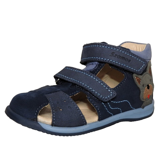 Szamos Kids Boys' Closed-Toe Sandals – Genuine Leather, Ergonomic Sole, Adjustable Hook & Loop Straps, Navy/Light Blue with Puppy Design