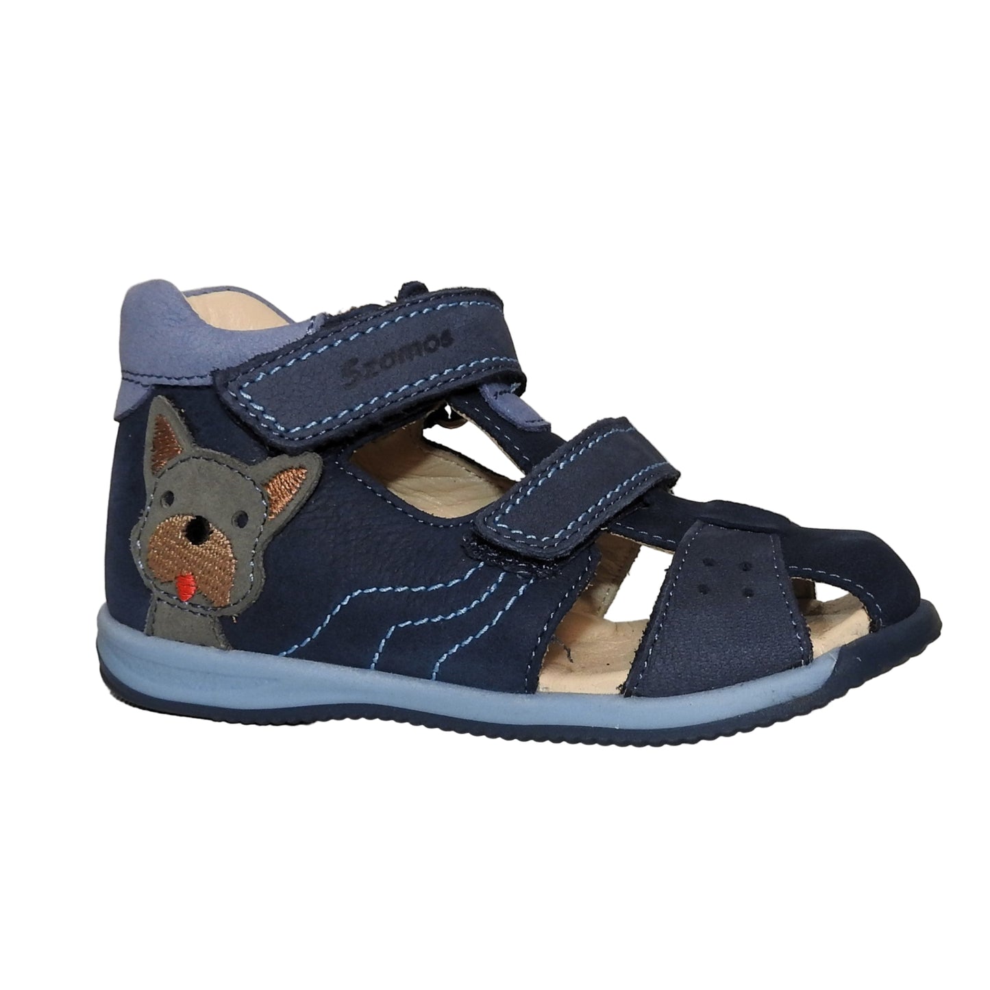 Szamos Kids Boys' Closed-Toe Sandals – Genuine Leather, Ergonomic Sole, Adjustable Hook & Loop Straps, Navy/Light Blue with Puppy Design