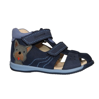 Szamos Kids Boys' Closed-Toe Sandals – Genuine Leather, Ergonomic Sole, Adjustable Hook & Loop Straps, Navy/Light Blue with Puppy Design