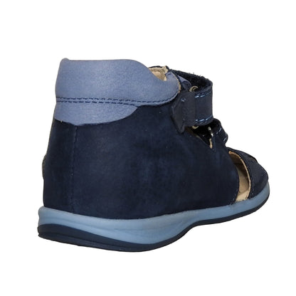 Szamos Kids Boys' Closed-Toe Sandals – Genuine Leather, Ergonomic Sole, Adjustable Hook & Loop Straps, Navy/Light Blue with Puppy Design
