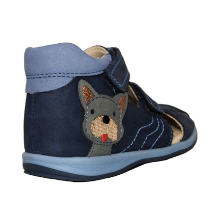Szamos Kids Boys' Closed-Toe Sandals – Genuine Leather, Ergonomic Sole, Adjustable Hook & Loop Straps, Navy/Light Blue with Puppy Design