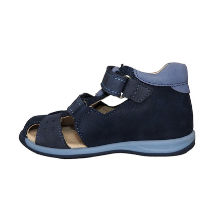 Szamos Kids Boys' Closed-Toe Sandals – Genuine Leather, Ergonomic Sole, Adjustable Hook & Loop Straps, Navy/Light Blue with Puppy Design