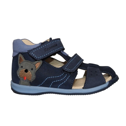 Szamos Kids Boys' Closed-Toe Sandals – Genuine Leather, Ergonomic Sole, Adjustable Hook & Loop Straps, Navy/Light Blue with Puppy Design