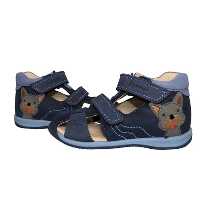 Szamos Kids Boys' Closed-Toe Sandals – Genuine Leather, Ergonomic Sole, Adjustable Hook & Loop Straps, Navy/Light Blue with Puppy Design
