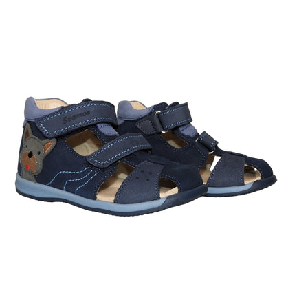 Szamos Kids Boys' Closed-Toe Sandals – Genuine Leather, Ergonomic Sole, Adjustable Hook & Loop Straps, Navy/Light Blue with Puppy Design
