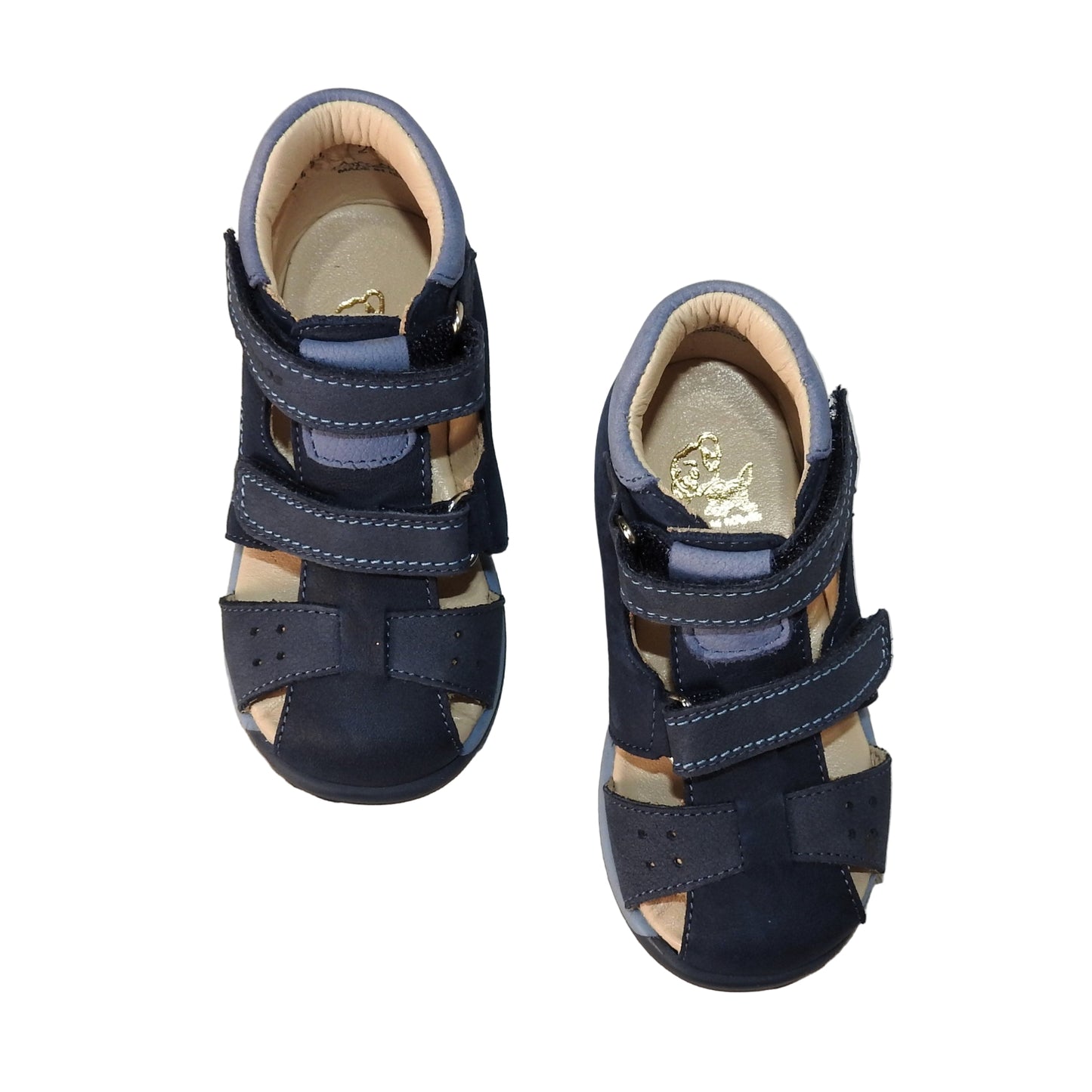 Szamos Kids Boys' Closed-Toe Sandals – Genuine Leather, Ergonomic Sole, Adjustable Hook & Loop Straps, Navy/Light Blue with Puppy Design
