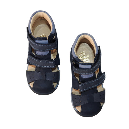 Szamos Kids Boys' Closed-Toe Sandals – Genuine Leather, Ergonomic Sole, Adjustable Hook & Loop Straps, Navy/Light Blue with Puppy Design