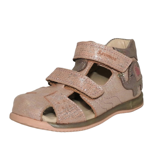 Szamos Kids Girls' Closed-Toe Sandals – Genuine Leather, Ergonomic Sole, Adjustable Hook & Loop Straps, Pink/Silver with Elephant Design