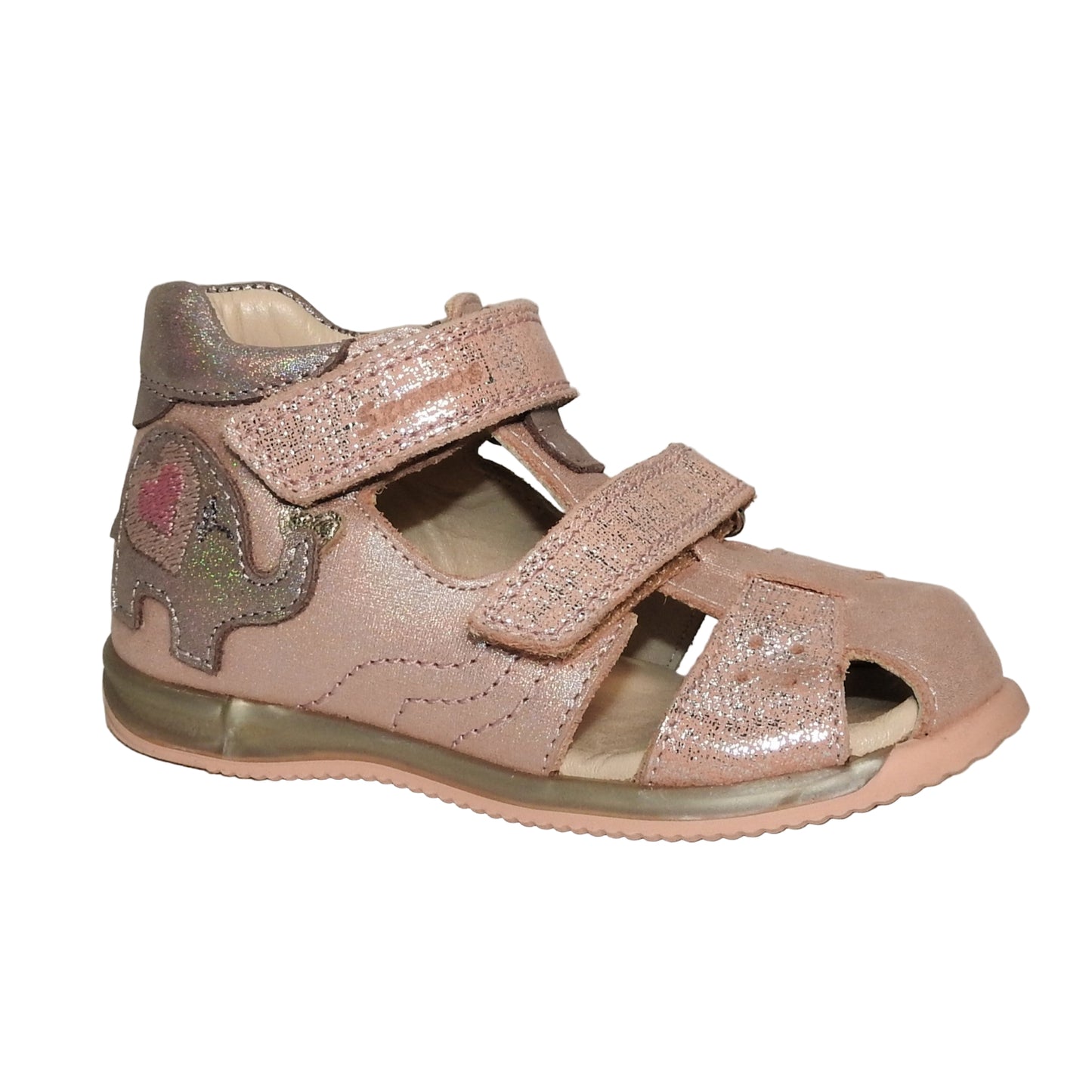 Szamos Kids Girls' Closed-Toe Sandals – Genuine Leather, Ergonomic Sole, Adjustable Hook & Loop Straps, Pink/Silver with Elephant Design