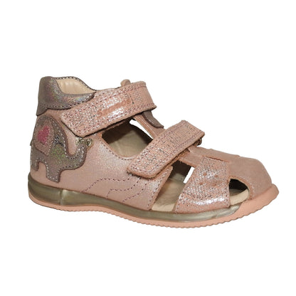 Szamos Kids Girls' Closed-Toe Sandals – Genuine Leather, Ergonomic Sole, Adjustable Hook & Loop Straps, Pink/Silver with Elephant Design