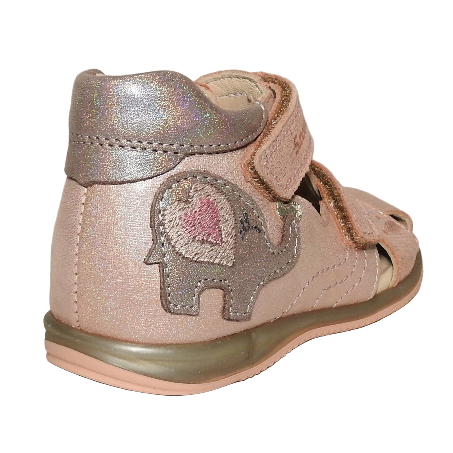 Szamos Kids Girls' Closed-Toe Sandals – Genuine Leather, Ergonomic Sole, Adjustable Hook & Loop Straps, Pink/Silver with Elephant Design