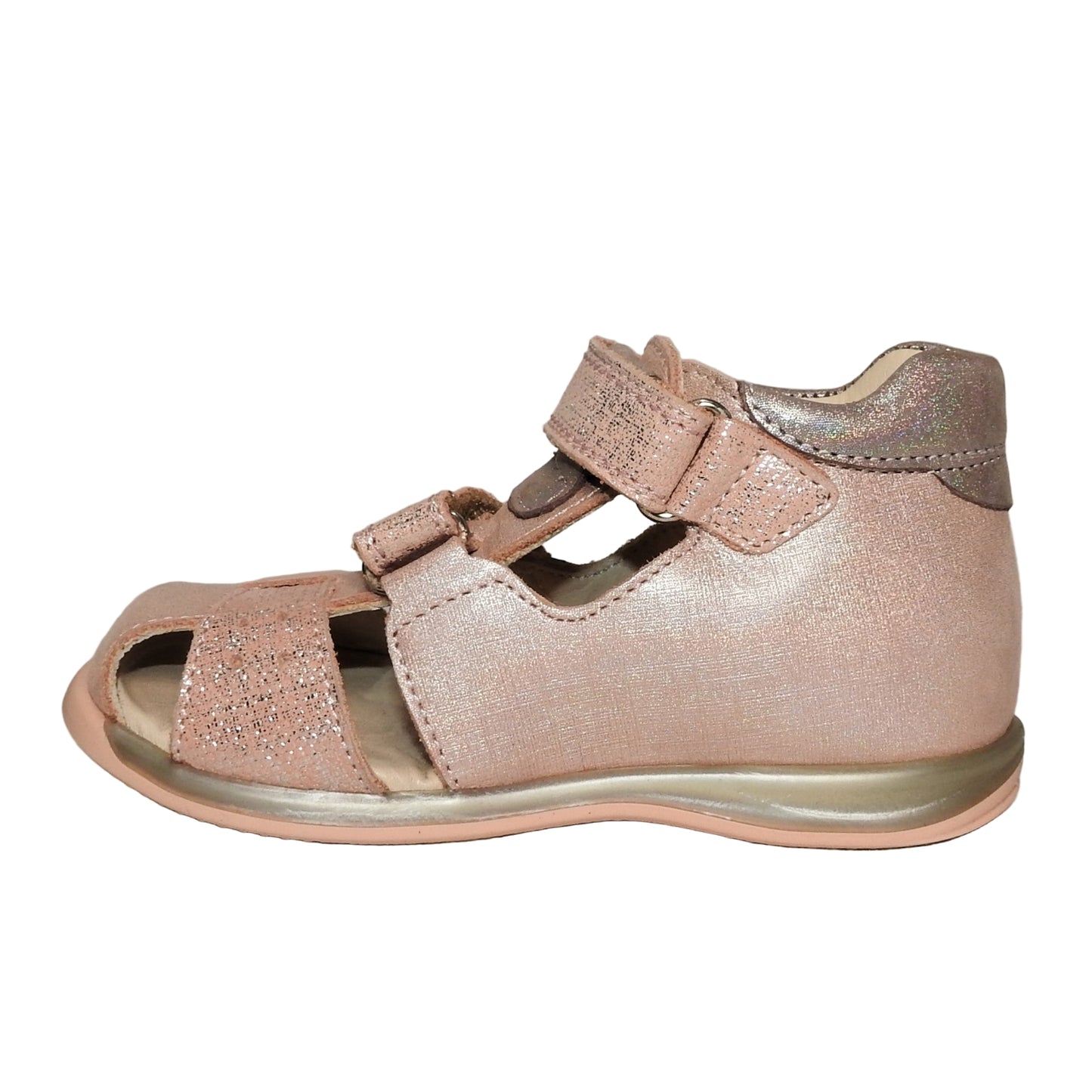 Szamos Kids Girls' Closed-Toe Sandals – Genuine Leather, Ergonomic Sole, Adjustable Hook & Loop Straps, Pink/Silver with Elephant Design