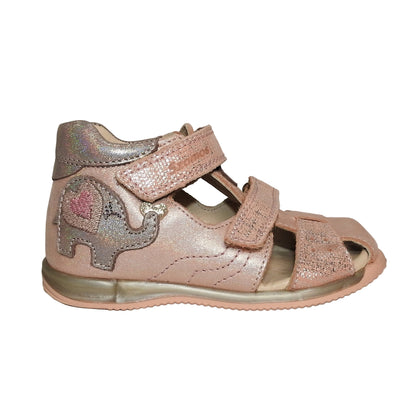 Szamos Kids Girls' Closed-Toe Sandals – Genuine Leather, Ergonomic Sole, Adjustable Hook & Loop Straps, Pink/Silver with Elephant Design