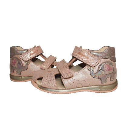 Szamos Kids Girls' Closed-Toe Sandals – Genuine Leather, Ergonomic Sole, Adjustable Hook & Loop Straps, Pink/Silver with Elephant Design