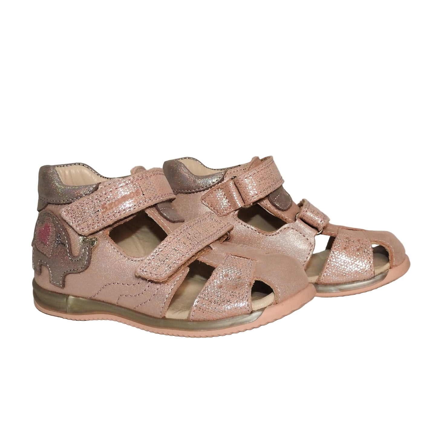 Szamos Kids Girls' Closed-Toe Sandals – Genuine Leather, Ergonomic Sole, Adjustable Hook & Loop Straps, Pink/Silver with Elephant Design