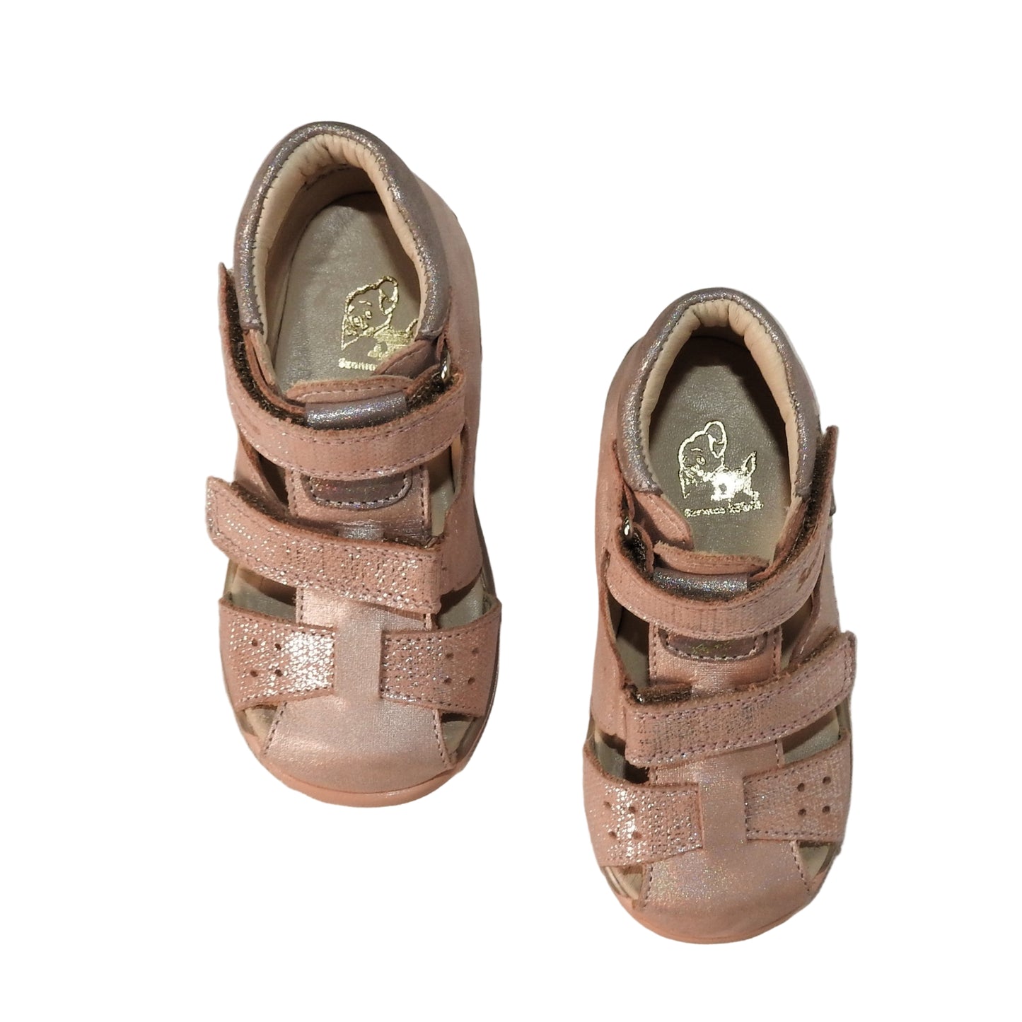 Szamos Kids Girls' Closed-Toe Sandals – Genuine Leather, Ergonomic Sole, Adjustable Hook & Loop Straps, Pink/Silver with Elephant Design