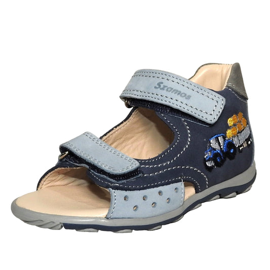 Szamos Kids Boys’ Genuine Leather Sandals – Ergonomic Supportive Sole, Stable Heel, Adjustable Hook & Loop Straps, Embroidered – Navy Blue/Silver with Farmer Tractor Design