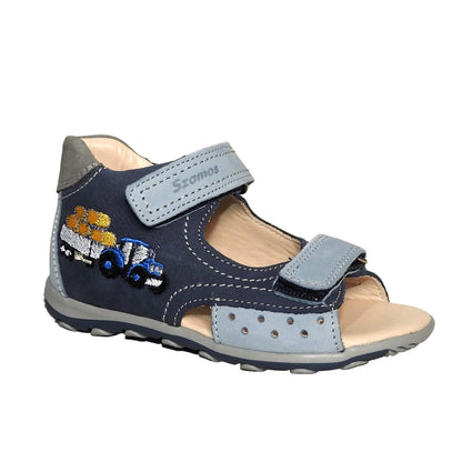 Szamos Kids Boys’ Genuine Leather Sandals – Ergonomic Supportive Sole, Stable Heel, Adjustable Hook & Loop Straps, Embroidered – Navy Blue/Silver with Farmer Tractor Design